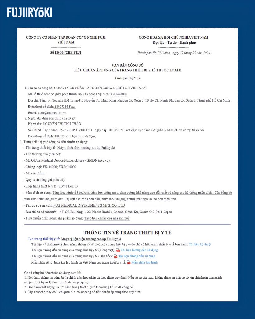 chung nhan BYT MDTCA Fujiiryoki 1 compressed scaled 1 máy điện trường cao áp Fujiiryoki Fujiiryoki Official - Website Fujiiryoki chính thức tại Việt Nam